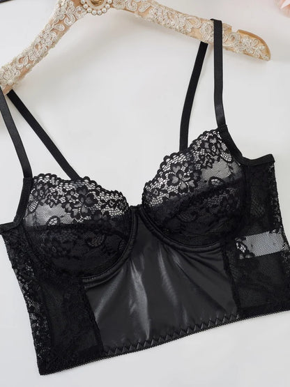 2Pcs Black Lace Bra Set French Style Women Bra Panties Breathable Mesh Underwear Elegant Ladies Ultra Thin Underwear Panties Set