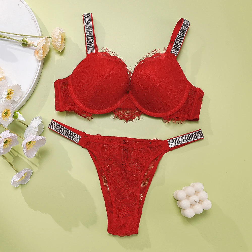 Victoria Secret Sexy Lingerie Set Very Sexy Eyelash Lace Fringe Trim Push Up Bra Shine Script Thong Panty Women