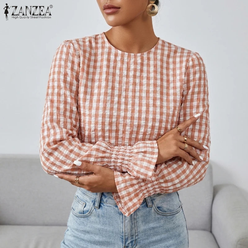 ZANZEA Women's Stylish Gingham Blouses Casual O-Neck Long Sleeve Shirred Cuffs Loose Tops Everyday Wear Going-Out Blusas Mujer 7