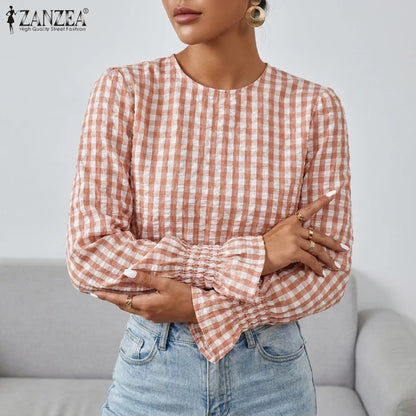 ZANZEA Women's Stylish Gingham Blouses Casual O-Neck Long Sleeve Shirred Cuffs Loose Tops Everyday Wear Going-Out Blusas Mujer 7