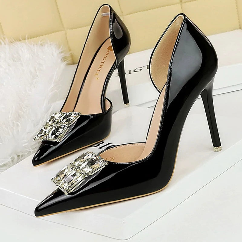 BIGTREE Shoes NEW Luxury High Heels Rhinestone Design Women Pumps Patent Leather Female Heels Stilettos Fashion Sexy Party Shoes