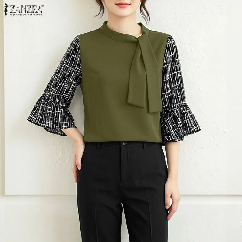 ZANZEA 2026 Women Elegant Tie Neck Blouses Patchwork 3/4 Flared Sleeve Casual Tops Autumn Everyday Wear Dates Blusas Mujer