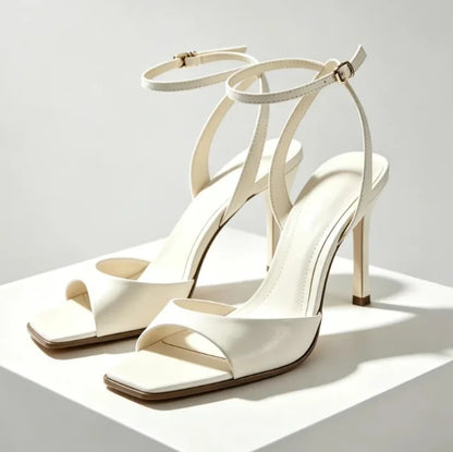 Black Patent Leather Ankle Strap Buckle Heeled Sandals Women Sexy Square Open Toe High Heels Summer Elegant Party Office Shoes