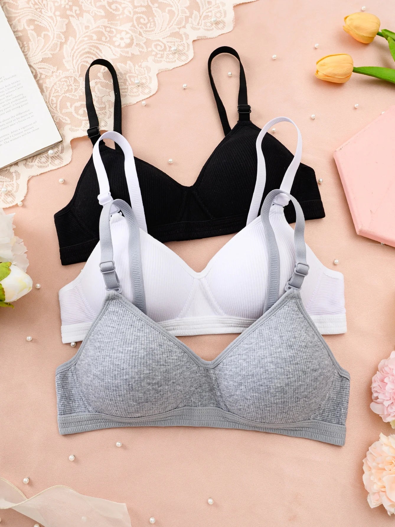 3 pcs teen bra with adjustable straps without underwire, non-removable chest pads, comfortable underwear