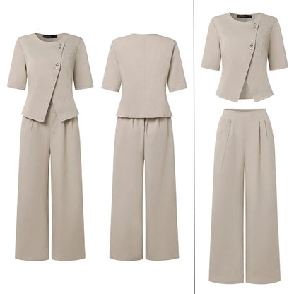 ZANZEA Women's Casual Pant Sets Wide Leg Pant & Short Sleeve Asymmetric Placket Tops 2 Pieces Sets Commute Pant Suits Outfits