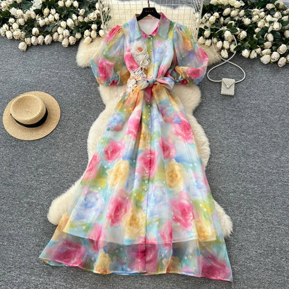 Chic vintage Sexy print mesh Spliced Fairy Summer  Women Boho Sundress women clothing Long dress