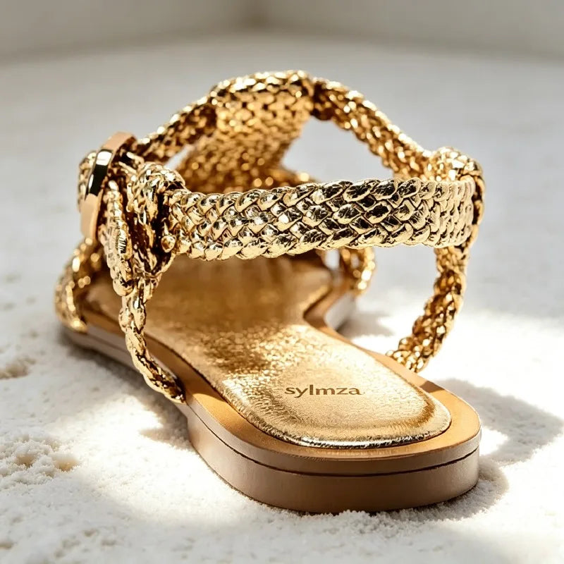 High-quality Hollow Woven Flat Sandals for Women Fashion T-tied Ankle Strap Buckle Gladiator Sandals Summer Holiday Beach Sandal