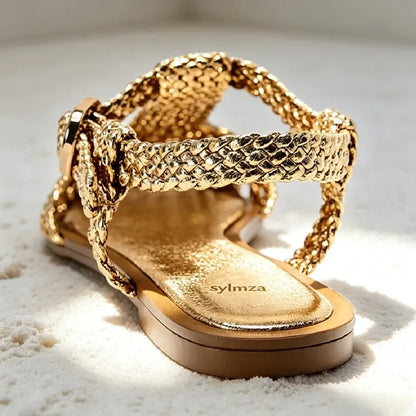 High-quality Hollow Woven Flat Sandals for Women Fashion T-tied Ankle Strap Buckle Gladiator Sandals Summer Holiday Beach Sandal