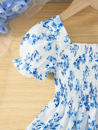 Casual Blue Floral Square Neck Ruffle Dress for Girls Breathable Short-Sleeved Summer Dress Suitable for Daily Wear