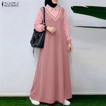 Ramadan Robe ZANZEA Polka Dots Printed Muslim Dress Abaya 2026 Women Casual Lapel Neck Long Sleeve Patchwork Baggy Maxi Sundress
