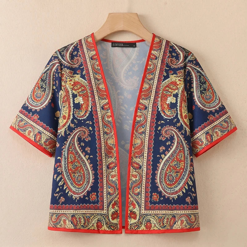ZANZEA 2026 Summer Paisley Print Short Cardigans Women Open-Front Short Sleeve Shirts Vacation Casual Beach Cover-Up Tops