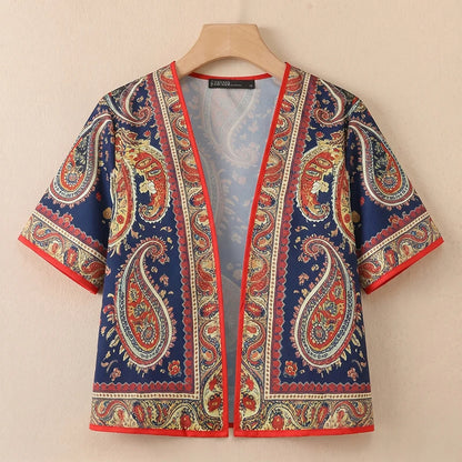 ZANZEA 2026 Summer Paisley Print Short Cardigans Women Open-Front Short Sleeve Shirts Vacation Casual Beach Cover-Up Tops