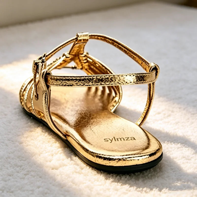 NEW Style Cage Flat Sandals Women Metallic Finish Ankle Strap Buckle Gladiator Sandals for Girls Summer Luxury Designer Shoes