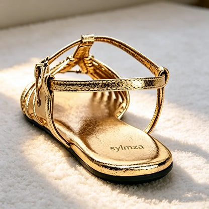 NEW Style Cage Flat Sandals Women Metallic Finish Ankle Strap Buckle Gladiator Sandals for Girls Summer Luxury Designer Shoes
