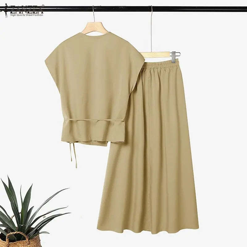ZANZEA 2PCS Stylish Women V Neck Short Sleeve Blouse Dress Sets Summer Outfits Elegant 2 Pieces Sets Solid OL Work Skirt Suit