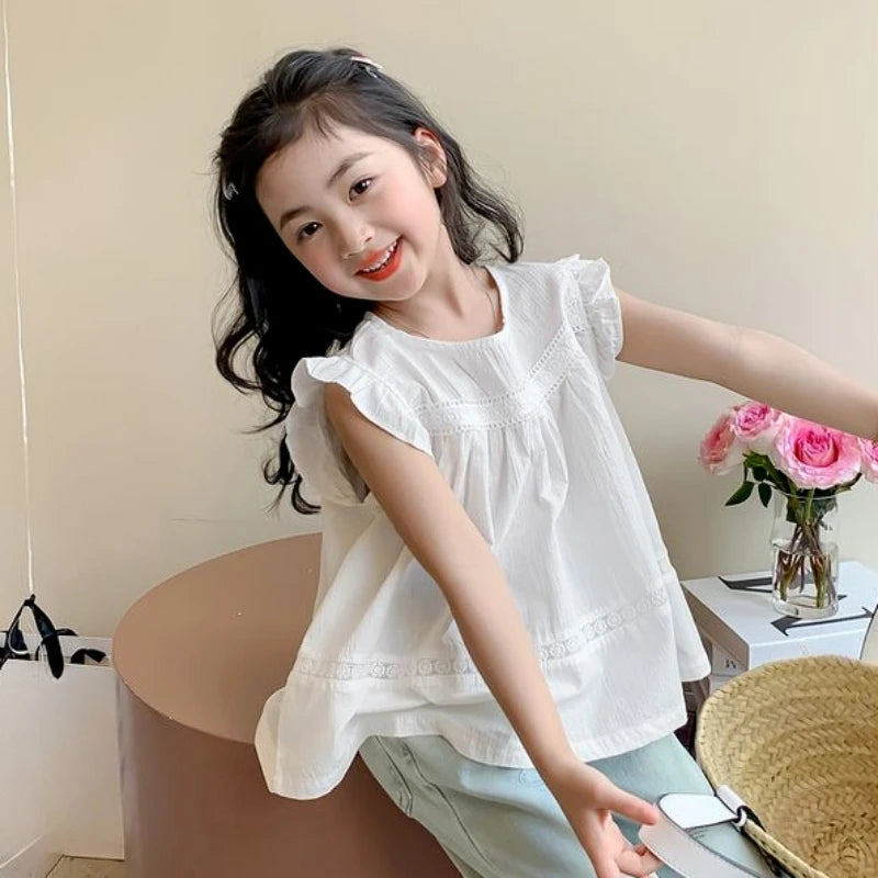 Girls Korean Fashion Summer Blouse Puff Flutter Sleeve Babydoll Shirt Elegant Casual Top Kids Cute Stylish Clothes for Toddler