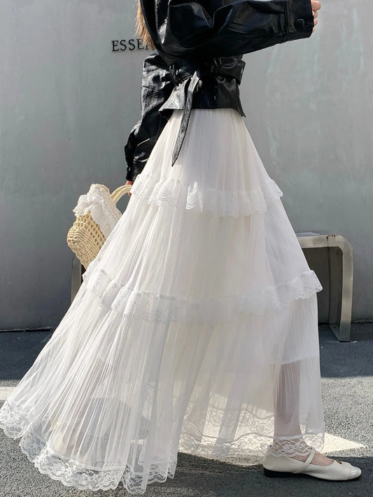Retro Sweet White Long Skirt Women Casual Loose High Waist Elegant Skirt Vintage Lace Patchwork Korean Summer Long Skirts