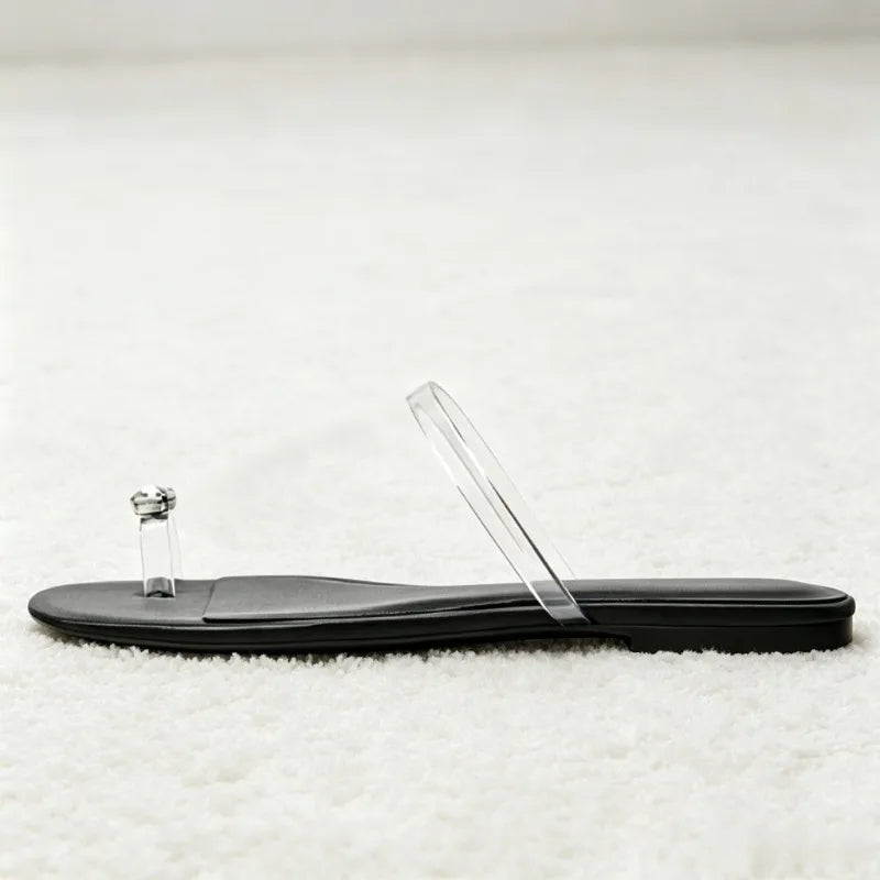 Shiny Rhinestone Decorated Flat Sandals Women Fashion Transparent PVC Clip Toe Flip Flops Summer Light Comfortable Women Shoes