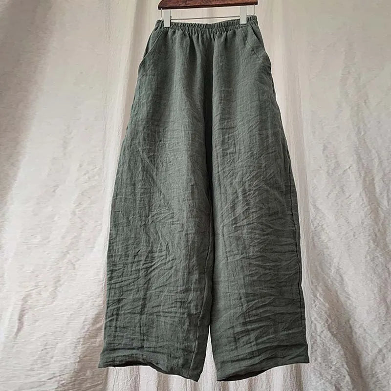 High Quality New Spring Summer Arts Style Women Elastic Waist Loose Ankle-length Pants Solid 100% Linen Casual Harem Pants T425