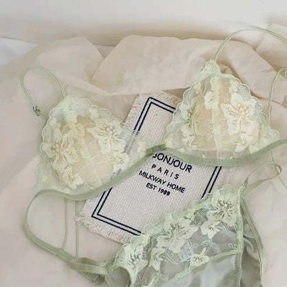 Elegant Hollow Out Lace Bra & Panty Set No Underwire Sheer French Triangle Cup Bralette Invisible Under T-shirt Women Underwear