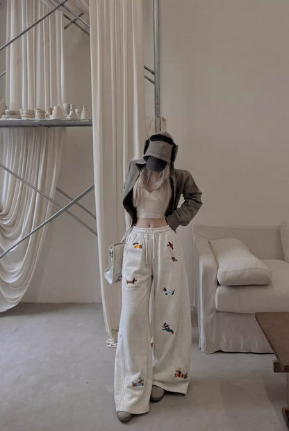 Dachshund Embroidery Sweatpants Loose Casual Joggers Wide Leg Couple Streetwear Fun Fashion Comfortable Pants baggy sweatpants