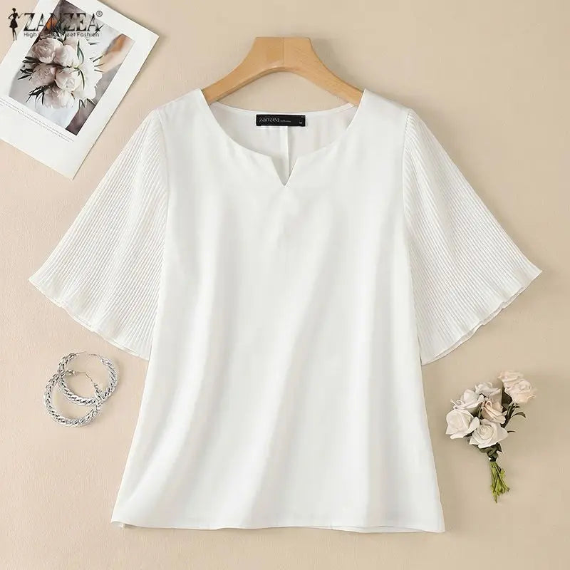 ZANZEA Woman Elegant Pleated Half Sleeves Patchwork Blouses V-Neck Solid Color Tops 2026 Summer Office Work Commute Blusas Mujer