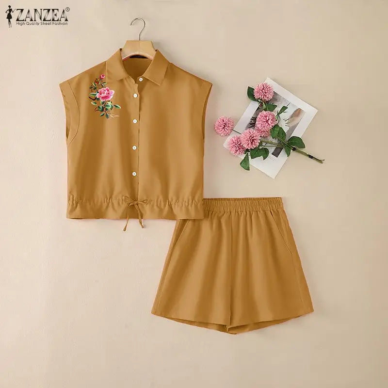 ZANZEA Women Short Sets Two Piece Shorts Sets Floral Drawstring Pockets Casual Summer Lapel Button 2PCS Sleeveless Tops Shorts