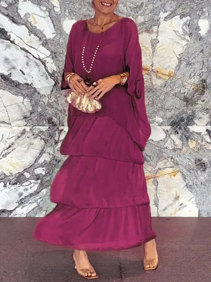 Fashion New Chiffon Printing Mesh Bat Sleeve O Neck Long Women's Dresses Summer Casual Loose Elegant Female Holiday Beach Dress