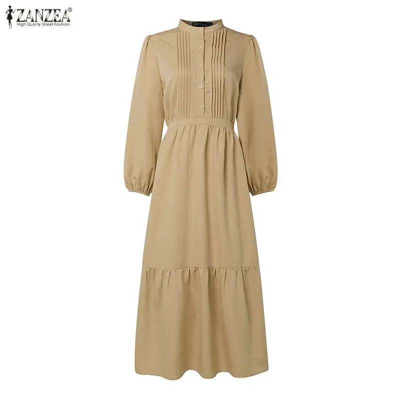 2026 Fashion Muslim Abaya ZANZEA Spring Maxi Long Dress Women Elegant Long Sleeve Pleated Sundress IsIamic Robe Ramadan Kaftan