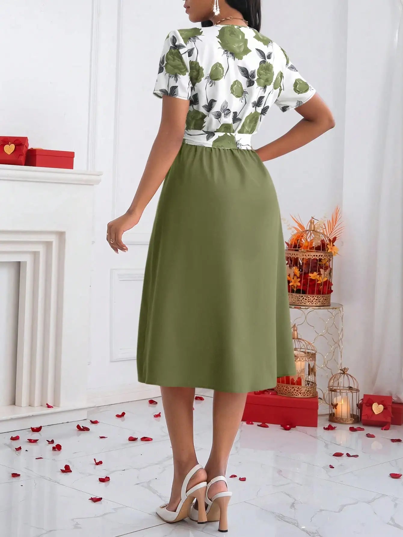 Women's Floral Print V-Neck Tie Waist Midi Dress - Rose Patchwork A-Line Short Sleeve Dress for Casual, Vacation & Wedding Guest