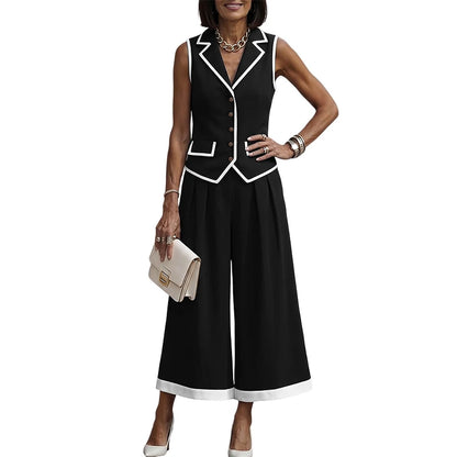 ZANZEA Women Stylish Pant Sets Contrast-Color Lapel Collar Vest Tops & Wide Leg Cropped Pants 2 Piece Suits Elegant Work Outfits