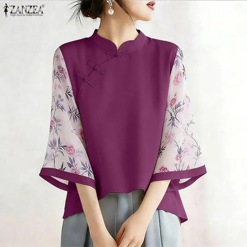 ZANZEA Vintage Style Blouses for Woman Mandarin Collar Floral Printed 3/4 Sleeve Tunic Tops Summer Elegant Blusas de Mujer