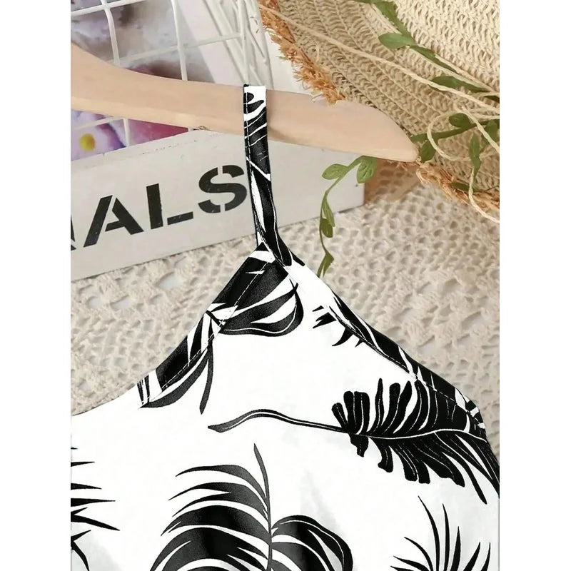 Girls Summer Casual Comfortable Beach Leaf Print Sleeveless V-Neck Jumpsuit Long Skirt Skirt Jumpsuit for Kids