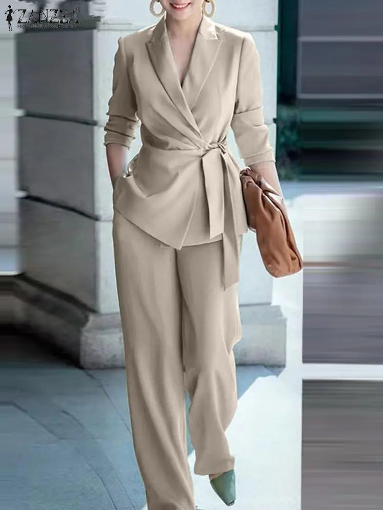 2023 ZANZEA Women Suit Autumn 2CPS Long Sleeve Lapel Blouse Causal Wide Leg Pants Sets Elegant Lady Office Blazer Matching Sets