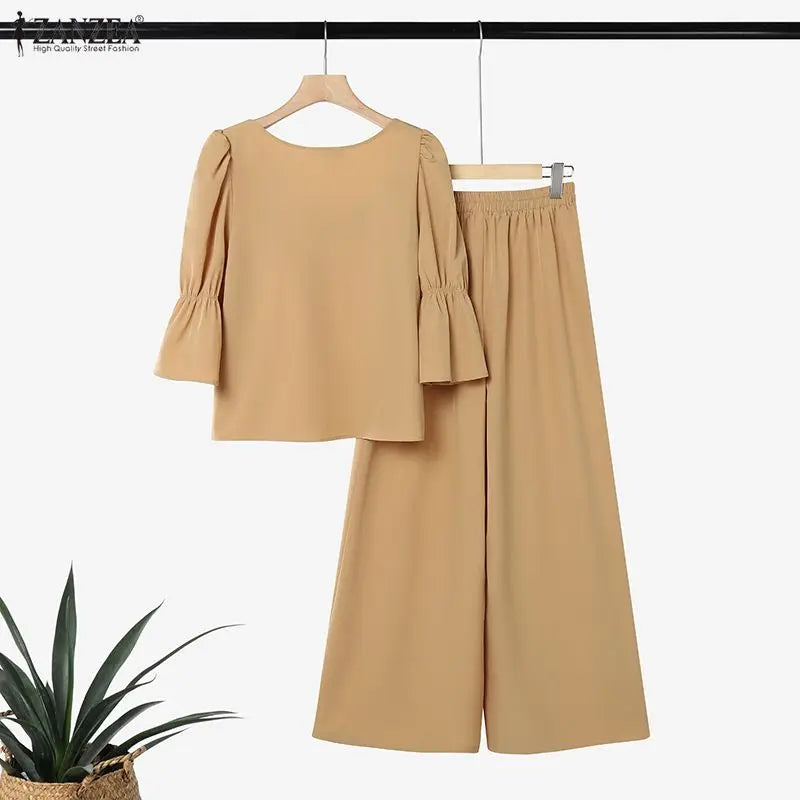 ZANZEA Fashion 2PCS Women Square Neck 3/4 Flare Sleeve Blouse Wide Leg Pant Sets Elegant Solid OL Work Outfit 2 Pieces Sets 2026