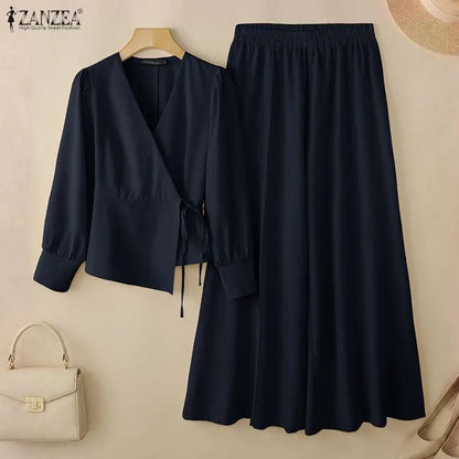 ZANZEA Women Elegant 2 Piece Matching Sets Long Sleeve Wrapped Blouses & Wide Leg Pants 2pcs Suits Casual OL Commute Outfits