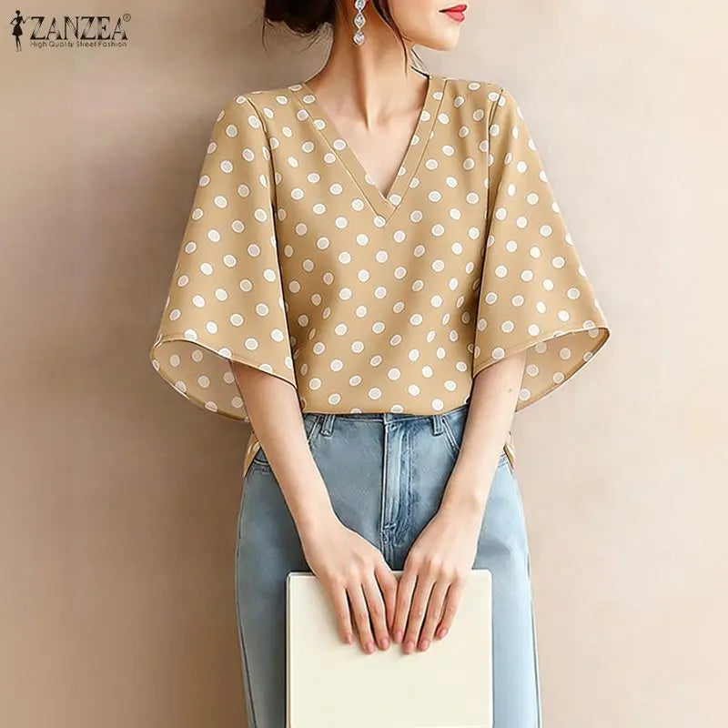 ZANZEA Woman Elegant Half Bell Sleeves Blouses Vintage Polka Dot V-Neck Loose Tops 2026 Summer Vacation Casual Blusas de Mujer