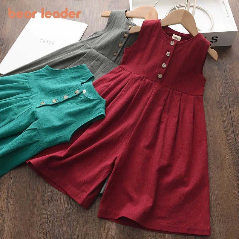 Bear Leader Kids Girls Jumpsuits 2023 New Fashion Girl Baby Casual Bodysuits Children Solid Costumes Sleeveless Clothing 3-7Y