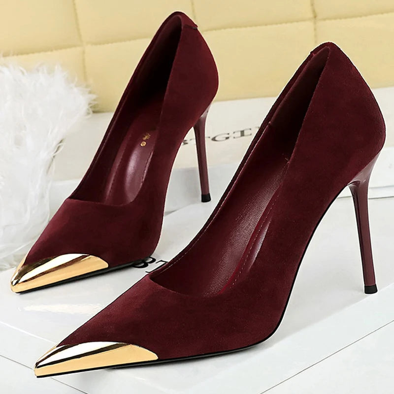 BIGTREE Shoes Metal Pointed Tip Women Pumps Suede High Heels Ladies Shoes Stiletto 9.5 Cm Sexy Party Shoes Women Heels Female