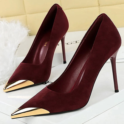 BIGTREE Shoes Metal Pointed Tip Women Pumps Suede High Heels Ladies Shoes Stiletto 9.5 Cm Sexy Party Shoes Women Heels Female