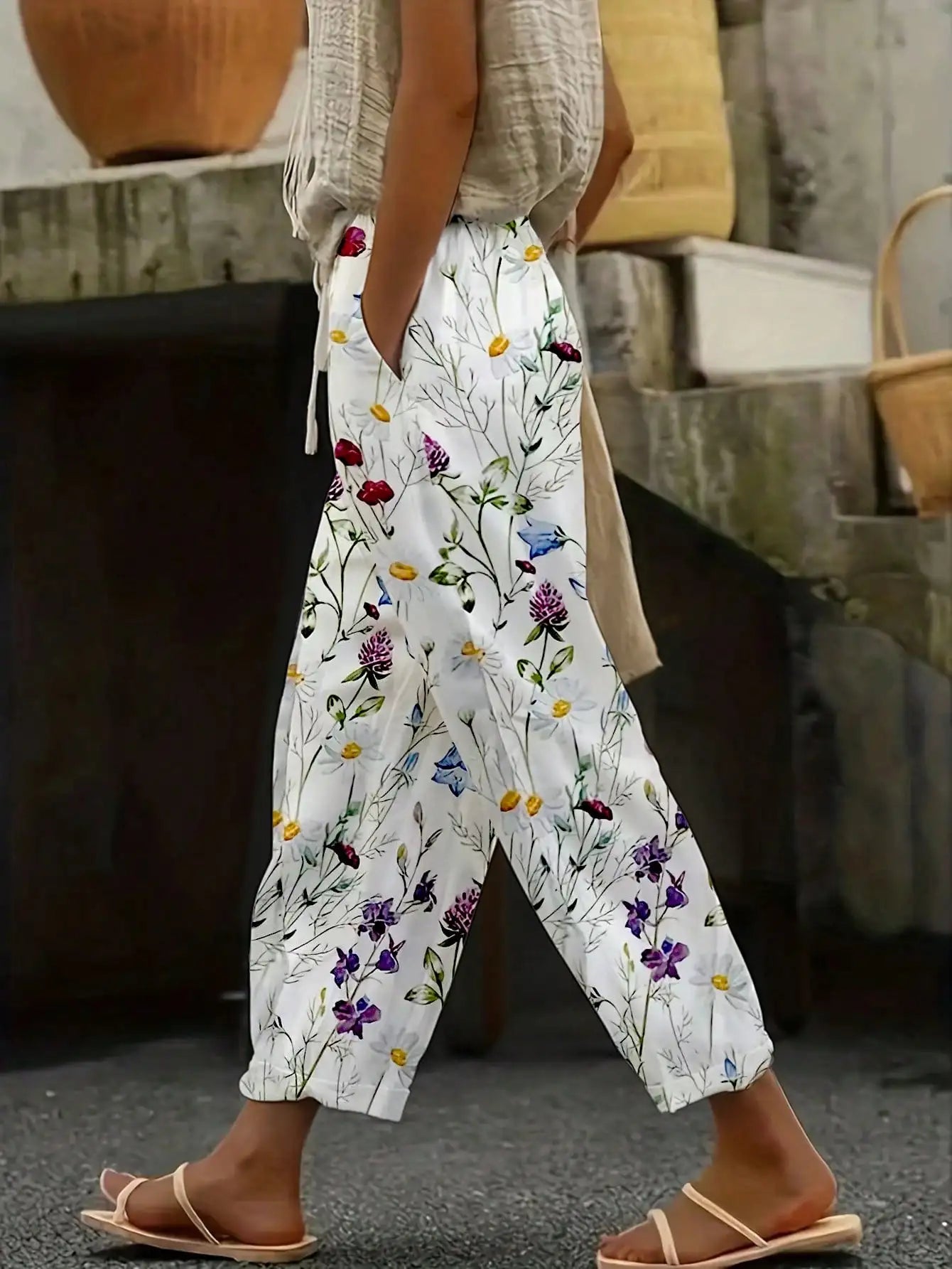 Plus Size 1XL-5XL  Women's Fashion Floral Print Straight Elastic Drawstring Pocket Pants Ladise Casual Versatile Pants
