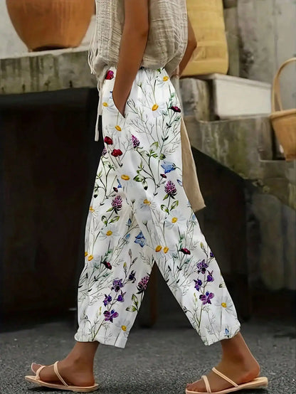 Plus Size 1XL-5XL  Women's Fashion Floral Print Straight Elastic Drawstring Pocket Pants Ladise Casual Versatile Pants