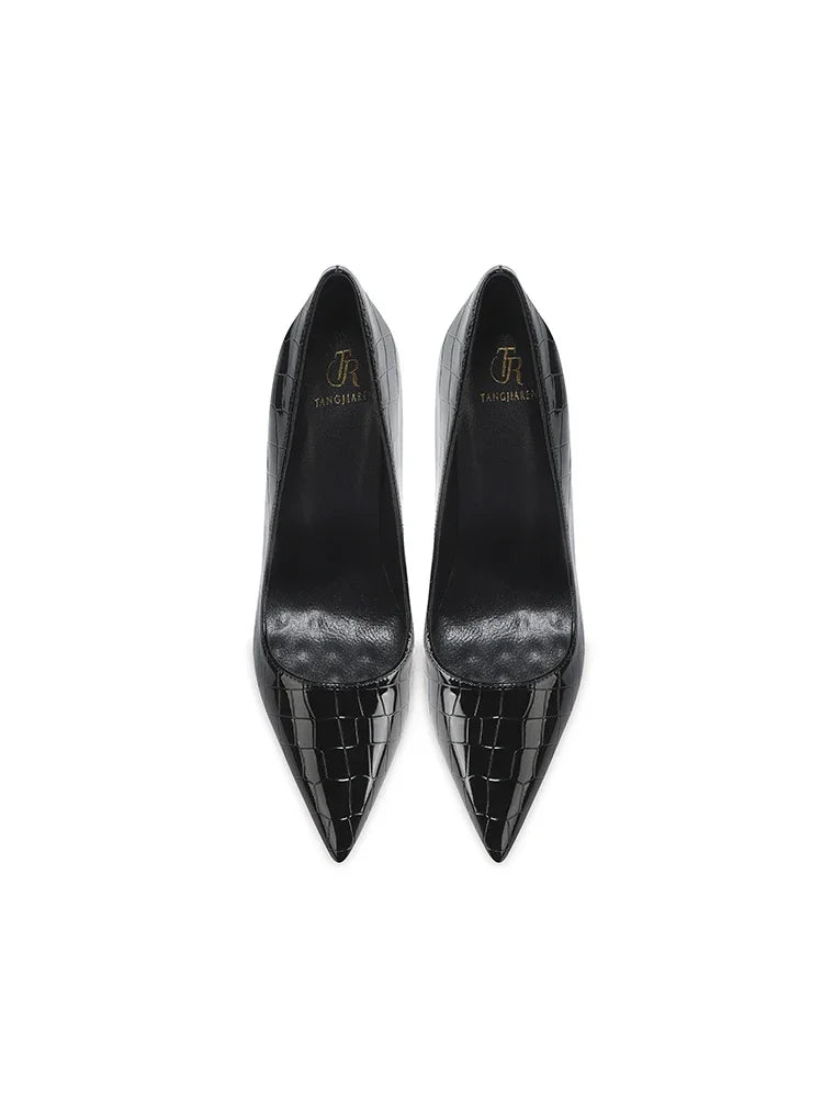 Summer new crocodile patterned high heels for women, slim heels, sexy, fashionable, versatile, professional single shoes