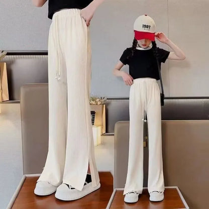 Trendy Ice Silk Girls' Flare Pants 5-12 Years Lightweight Casual Long Pants for Kids Versatile Stylish