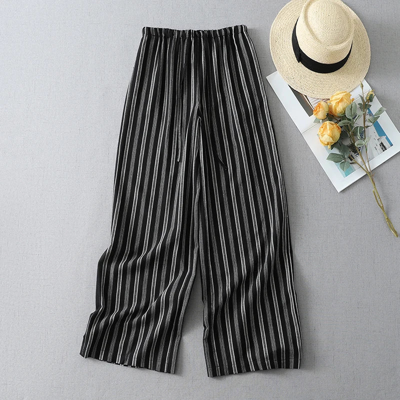 Limiguyue Vintage Soft Casual Wide Leg Linen Pants Women Summer Daily Loose Elastic Waist Long Striped Trousers Breathable T526