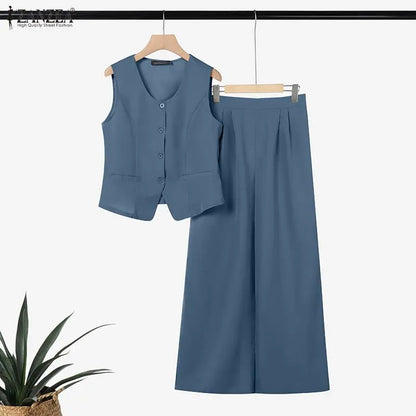 ZANZEA Women's Old Money Pant Suits Vintage U-Neck Vest Tops & Wide-Leg Pants 2 Pieces Sets Summer Office Commute 2pcs Outfits