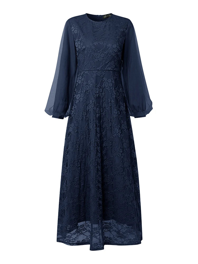 Fashion Muslim Abaya ZANZEA 2026 Spring Lace Patchwork Dresses Women Elegant Party Dress Long Sleeve Mesh Sundress Ramadan Robe