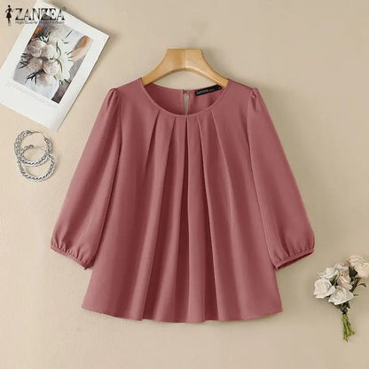 Casual ZANZEA Summer Autumn Women Blouse Elegant 3/4 Lantern Sleeve Pleated O-Neck Solid OL Work Party Tunic Tops Blusas
