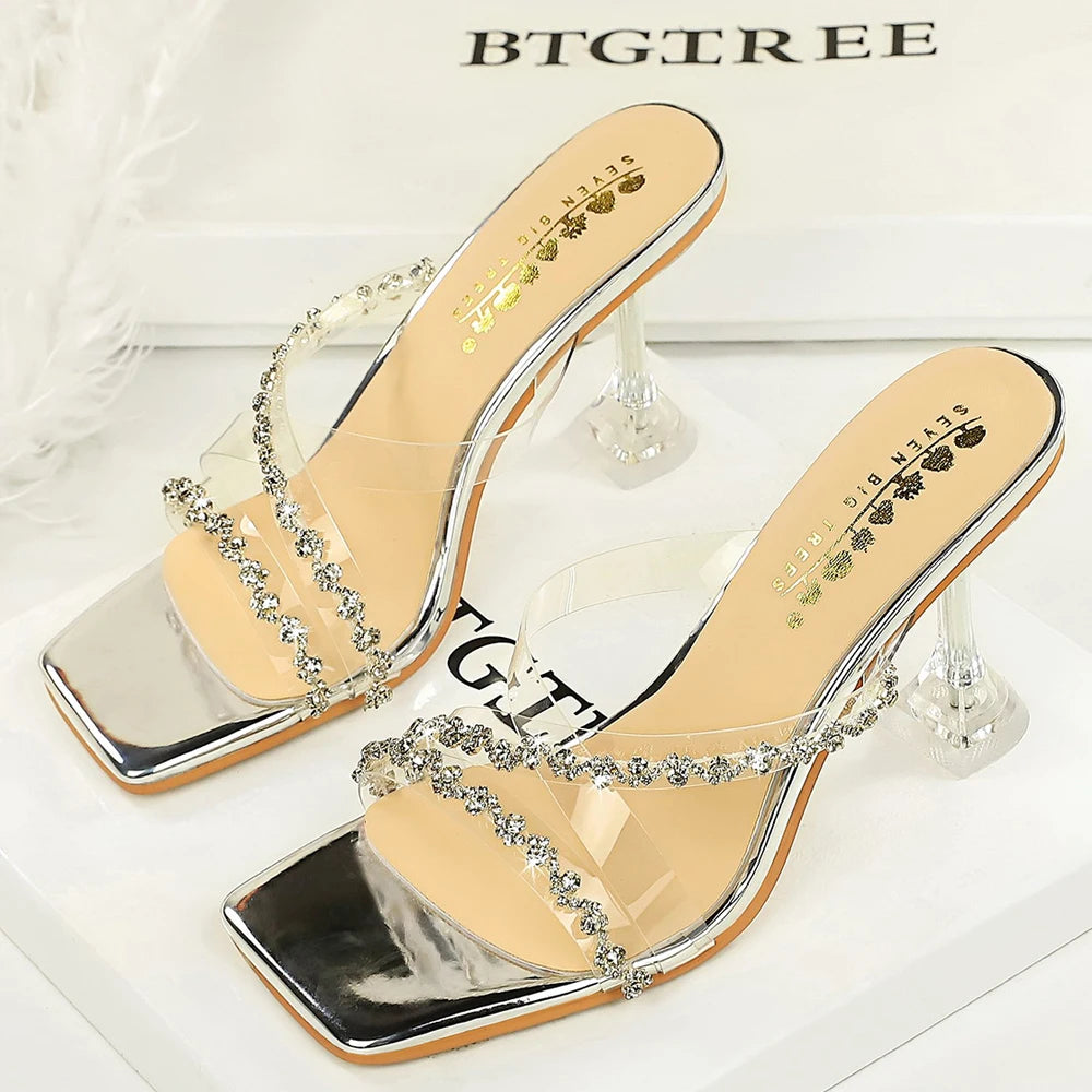 Luxury Women High-Heeled Sandals Summer Rhinestone Design Women Sandals Square Toed Sexy Slippers Transparent Tape Women Pumps