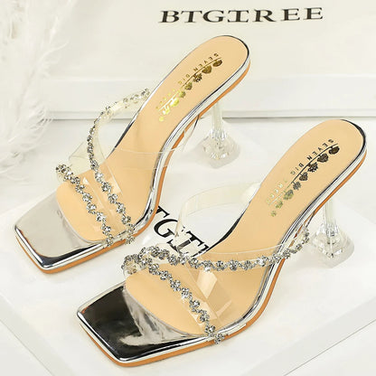 Luxury Women High-Heeled Sandals Summer Rhinestone Design Women Sandals Square Toed Sexy Slippers Transparent Tape Women Pumps